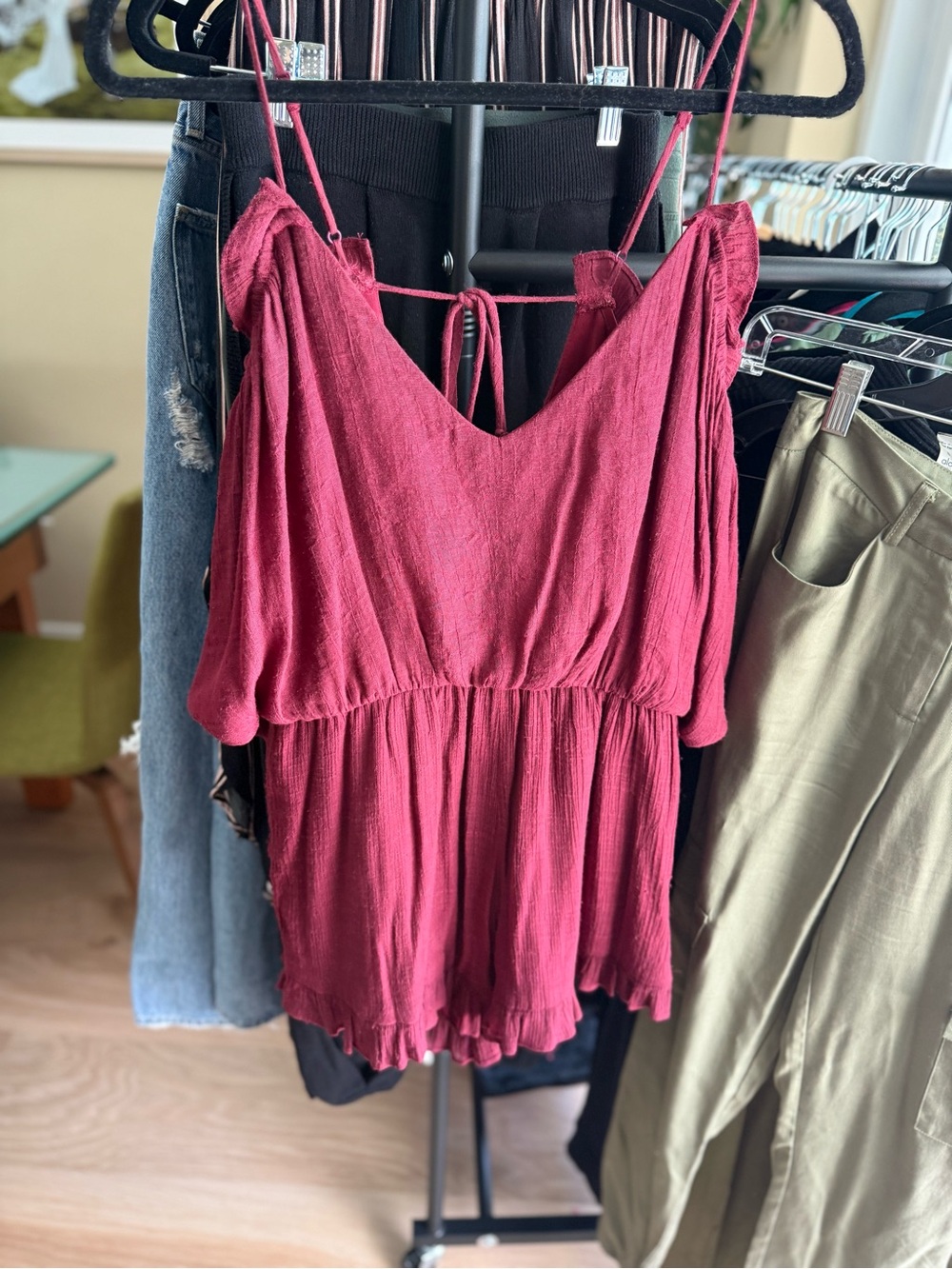Garnet Ruffled Romper with Open Back & Off the Shoulder Sleeves